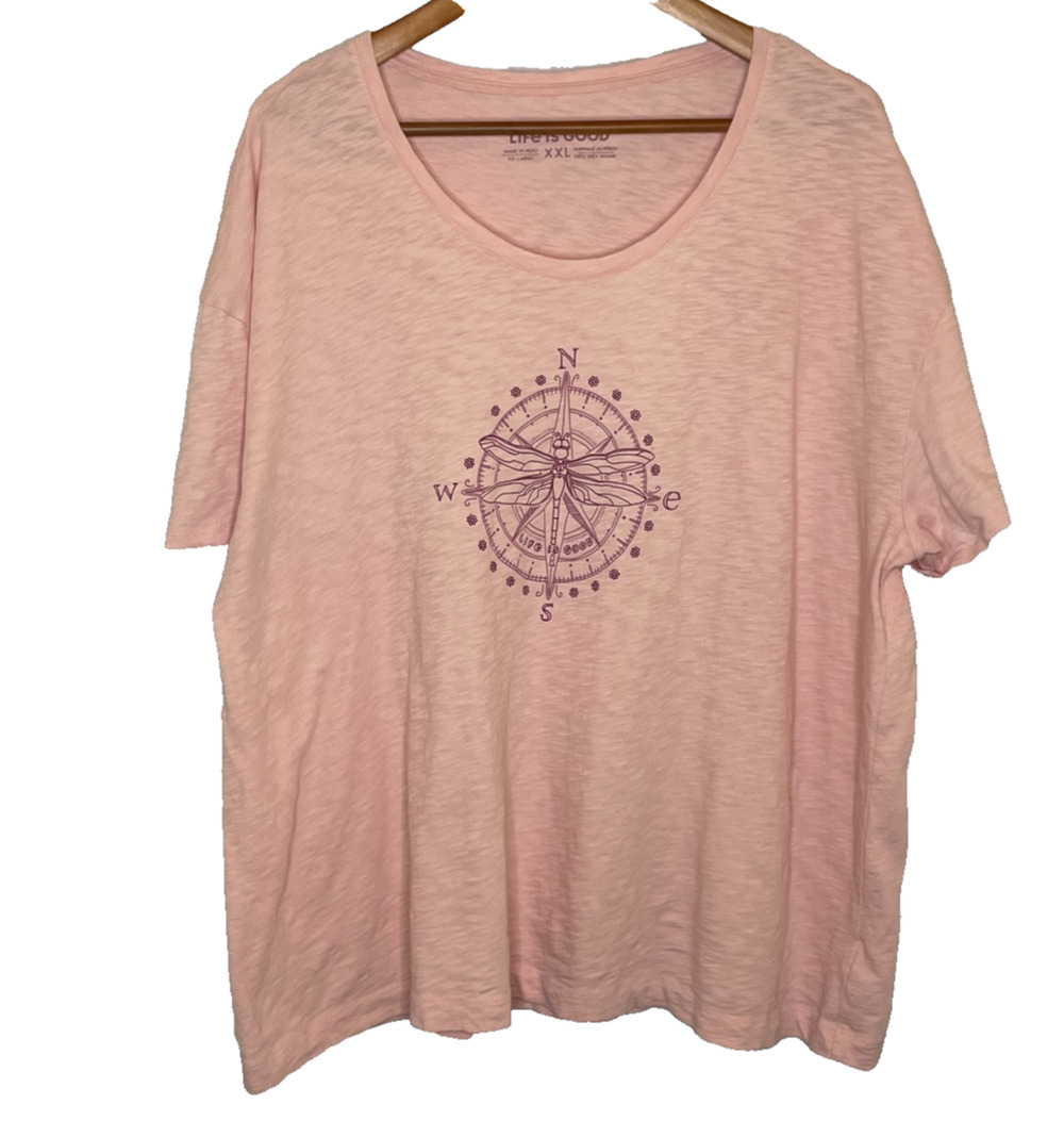 Women's XXL Life is Good Pink Compass Short Sleeve Cotton T-Shirt